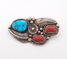 Vintage Coral & Turquoise 3 Stone Sterling Silver Pin Stamped 