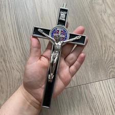 St Benedict Black Silver Enamel Wall 7.5” Cross Crucifix Catholic Crucifijo Cruz picture
