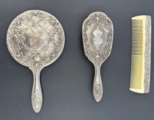 Vintage 3 Pc Silver Tone Vanity Set Hand Mirror Brush Comb Ornate Floral picture