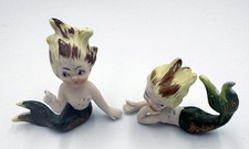 Vintage 1950's Pair Mid Century Bradley Wild Hair Ceramic Mermaid Rare Figurines picture