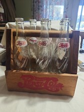 Vtg Pepsi-Cola Wooden Bottle Caddy Carrier with 4 Swirl Glass Bottles 10 fl Oz picture