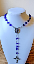 Vintage Cobalt Blue Glass Bead Rosary with Silver Crucifix & St. Michael Medal picture