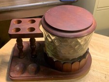Vintage Fairfax Wood 4 Pipe Stand with Heavy Glass Humidor 9 1/2