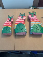 Laurel Burch Wooden Cats - 3 Pink and Green picture