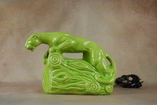 Rare Vintage Mid Century Chartreuse Green Ceramic Panther on Log TV Lamp/Planter picture