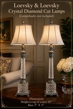 Vtg Diamond Cut Crystal Pair Lamps Brand Loevsky & Loevsky Pewter Color picture