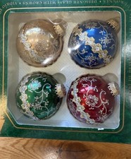 Krebs Christmas Ornaments Glitter Floral Set Of 4  Multicolor Sparkly Boxed picture