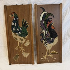 2 VTG MCM Gravel Art Rooster Hen Wall Panels Mid Century Pebble Mosaic Cottage picture