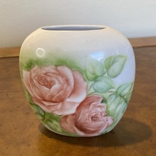 Antique Hand Painted Pillow Bud Vase Pink Cabbage Roses Signed Sallie Pugh 4.5' picture