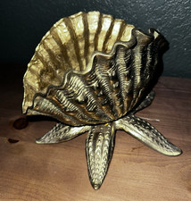 ULTRA RARE PIECE 100% Brass Seashell Clam Shell Star Fish Planter HUGE 8