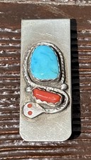 Effie Calavasa Zuni Native Sterling Silver Snake Money Clip Turquoise Coral picture