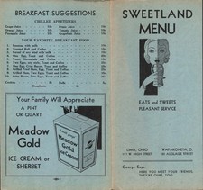 1938 SWEETLAND CONFECTIONERY vtg food and ice cream menu LIMA & WAPAKONETA, OHIO picture