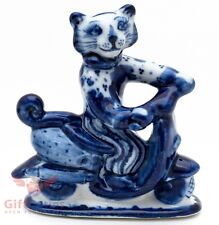Collectible Gzhel Porcelain Figurine biker tiger on a bike hand-painted Гжель picture