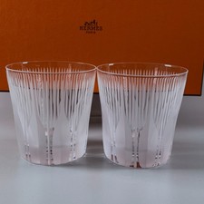 HERMES Paris Pair Crystal Clear Glass Rock Gobelet  Tumbler Glassware with Case picture