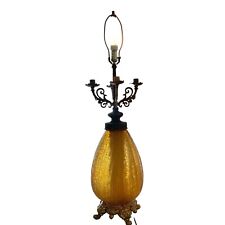 LARGE Mid Century Vintage RETRO Amber Crackle Glass Candelabra Table Lamp picture