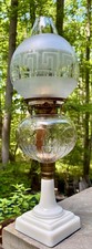 RARE Eyes and Ties Oil Lamp Collins 1865 Burner, MacBeth Chimney, Gr. Key Globe picture