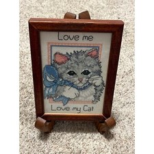 Cat Kitten Cross Stitch Needlepoint Completed in Frame Vintage Candamar Designs  picture