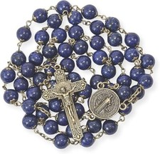 Natural Lapis Lazuli Stone Rosary Beads Necklace St. Benedict Cross and Medal picture