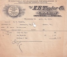 April 1922 E B Taylor Richmond Virginia French & Japanese China Importer Invoice picture