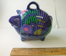 Mexican Pottery Piggy Bank Purple Pink Blue Green Flowers Birds 7 x 6 picture