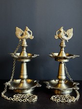 Vintage Pair Of Hanging 2-Tiered  Brass Peacock Diyas Diya / Oil Lamp picture