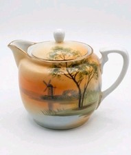 Antique Nippon Sugar Bowl Lid Hand Painted Windmill Scenic Porcelain Japan picture