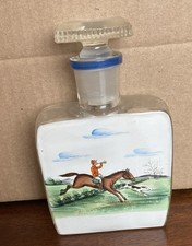 ANTIQUE 1930s-1950s PAINTED GLASS Decanter ~ FOX HUNT ~ 5.5”x3.5”x1.25” picture