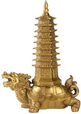 16.5cm Brass Feng Shui Statue Dragon Turtle Wenchang Pagoda Home Office Decor picture
