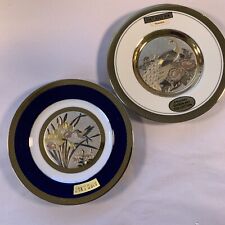 Pair Of VTG Japanese Chokin Plates Engraved Hummingbird and Peacock - Gold Rims picture