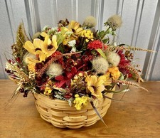 Vintage 2002 Longaberger Round Hardwood Basket Autumn Floral Centerpiece Decor picture