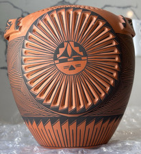 Vintage S. Garcia Acoma Incised Pottery Vase w Handles, Cultural Art Decor Gifts picture