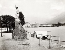 William Tell Statue Lugano Switzerland Lake Waterfront Vtg. Photo 19thC. picture