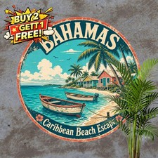 Bahamas Tropical Beach Scene Round Metal Sign Coastal Wall Decor Plaque 8x8 picture