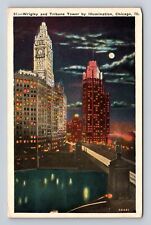 Chicago IL-Illinois, Wrigley And Tribune Tower By Illumination Vintage Postcard picture