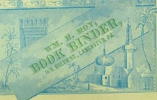 1870's-80's WM. H. Roy Book Binder, Lancaster Ancient City Scene Trade Card F101 picture