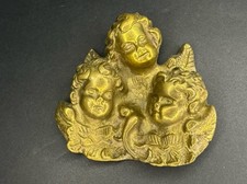 Vtg Cast Brass Cherub Wall Plaque Decor Ornate 3 Angel Faces Wings Gold Tone picture