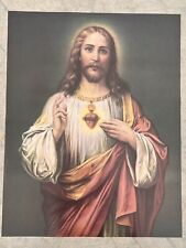 Vintage Poster Jesus Christ Sacred Heart 28” X 22” Catholic Christian Wall Decor picture