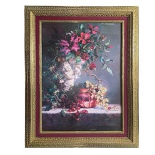 Vintage Retired Home Interior Cherub  Florals-Grapes-Angel Gold Framed 24 x 30 picture