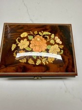 Vintage Wooden Jewelry Box with Floral Inlay and Red Velvet Interior picture