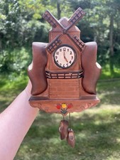 Vintage Kitsch Dutch Holland Tulip Cuckoo Clock Wall Pocket with Clog Dangles picture