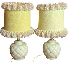 Vintage Quilted Pineapple Milk Glass Bedside Boudoir Lamps Cottage Ruffle Lace picture