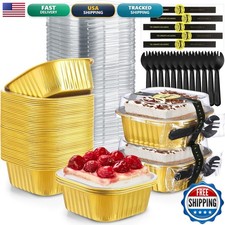 Sliner 100 Pcs 10 oz Mini Cake Pans with Lids Aluminum Foil - Gold Silver picture