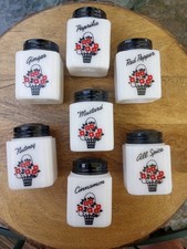 McKee Tipp City Shakers Milk Glass Black Red Flowers 7 Shakers Vtg MCM Set picture