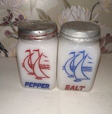 Vintage Hazel Atlas Milk Glass Salt & Pepper Shakers Red & Blue 2 Sailboats picture