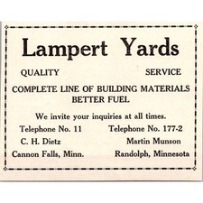 Lampert Yards Quality Svc CH Dietz Randolph MN 1937 Cannon Falls MN Ad SAJ3-M2 picture