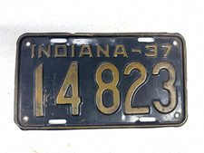 Vintage 1937 Indiana License plate tag SHORTY 5 digit 14823 nice original paint picture