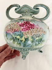 VINTAGE NIPPON MORIAGE FLORAL VASE, 4 FTD, DOUBLE HANDLE, HAND PAINTED, UNMARKED picture