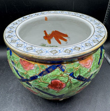Chinoiserie Porcelain Fish Bowl Cachepot Planter Green Floral Koi Fish Inside picture