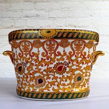 Chinese Ceramic Oval Cachepot Planter Gold Paisley Green Gilt Handles Home Decor picture