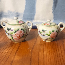 Hand Painted Nippon Takito Porcelain Sugar Bowl Creamer Floral Pink Roses picture